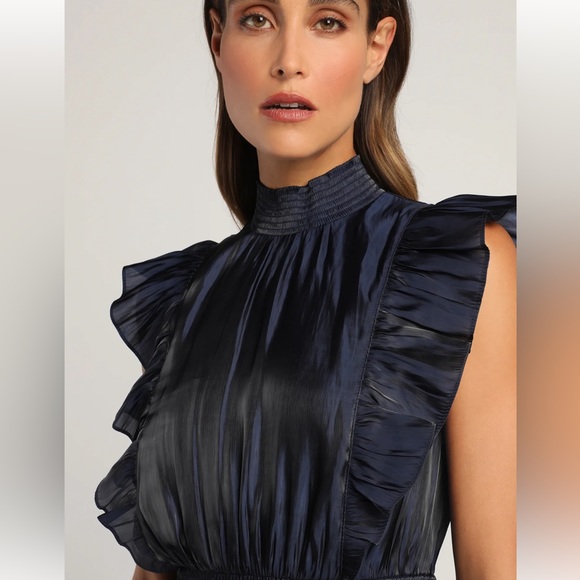 Lulus XL Take a Glance Navy Blue Tiered Mock Neck Midi Dress - Picture 2 of 9